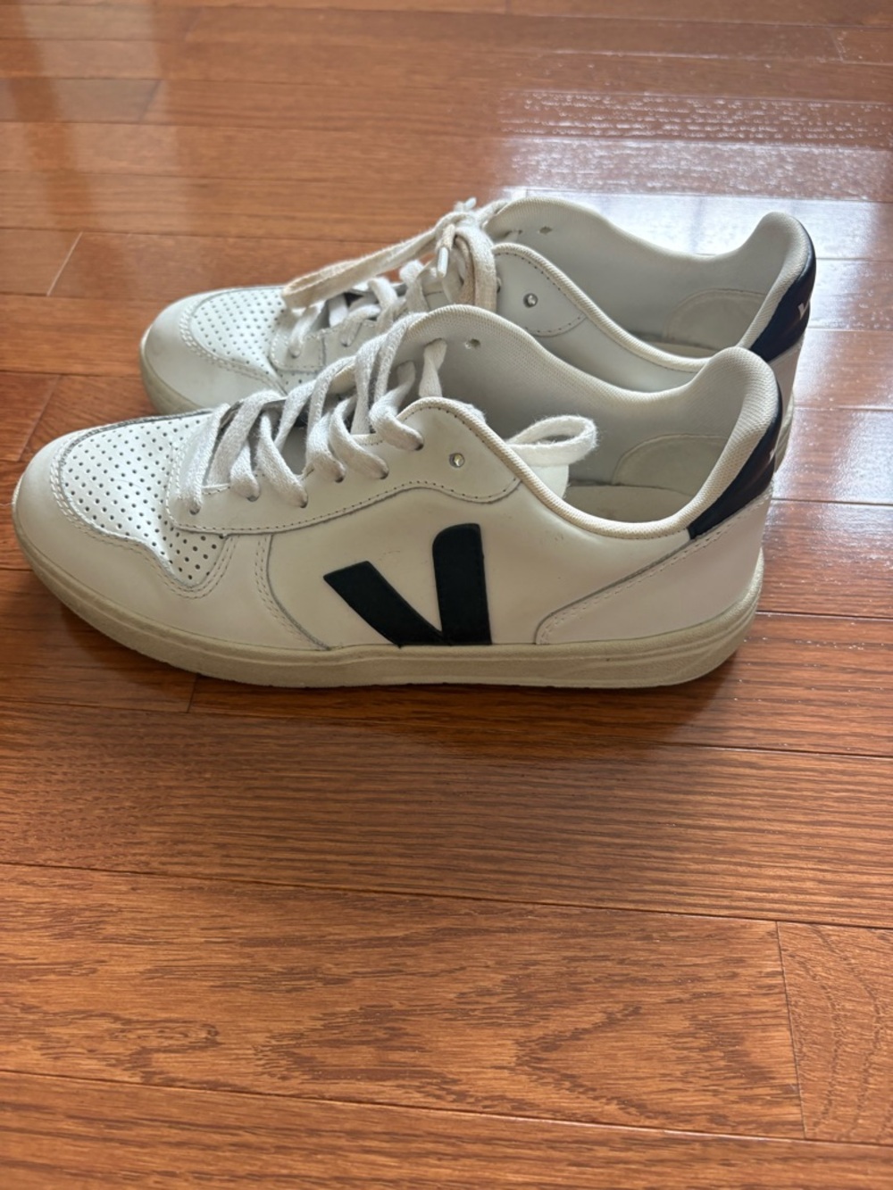 Veja V-10 White Leather Sneakers with Black Accents - Women